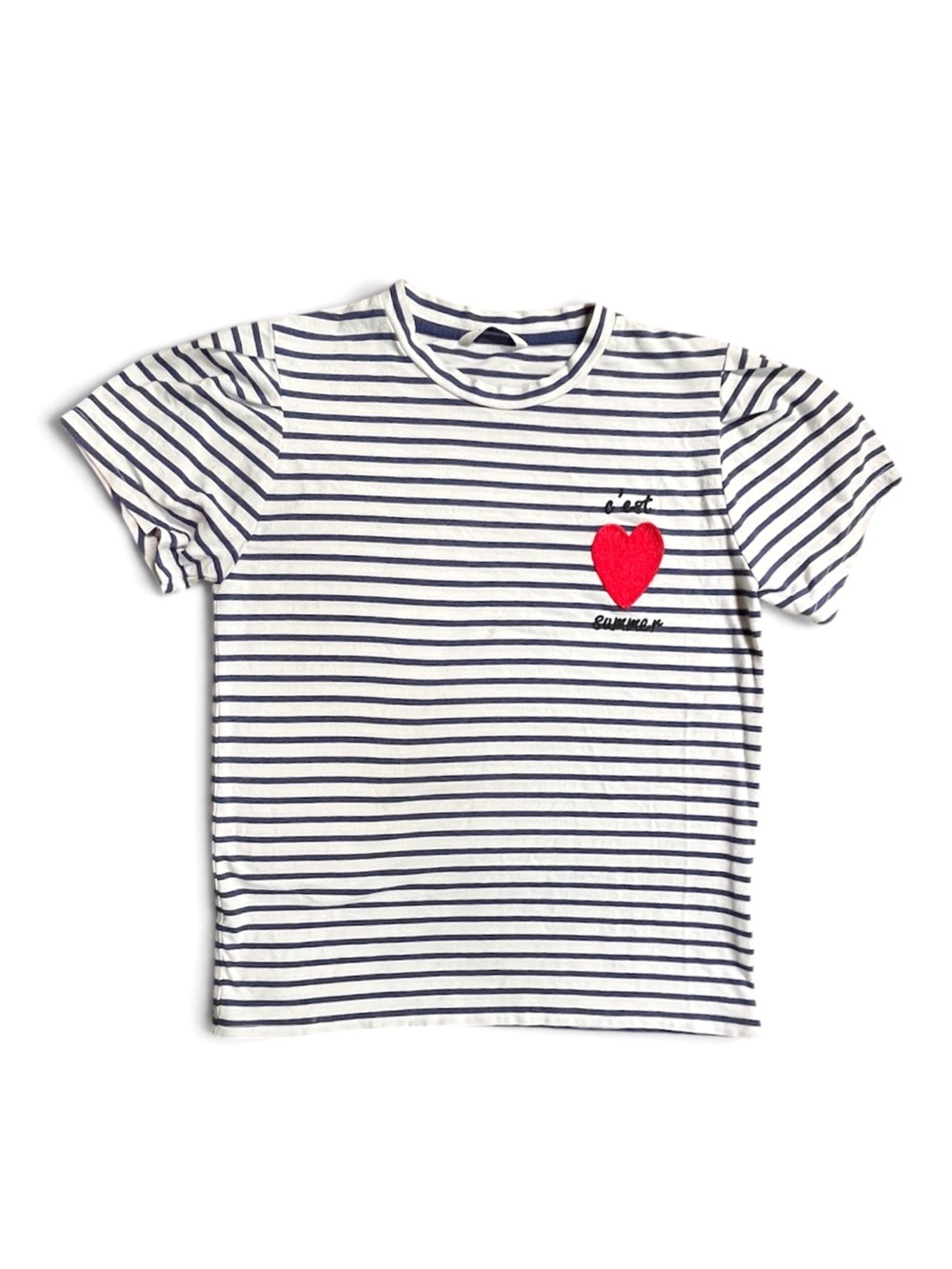 Adorable Bluedog Blue/White Puff Sleeve C’est Summer Heart Tee, Small (EU 148)